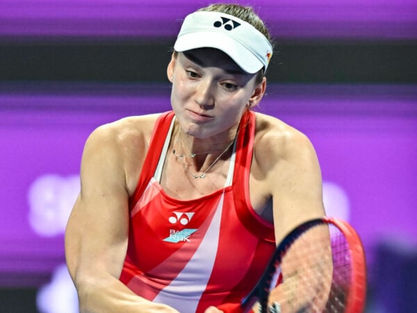 QATAR TOTALENERGIES OPEN - QUARTER-FINALS Elena Rybakina of Kazakistan competes in her quarterfinals match against Elena Rybakina of Kazakistan during the WTA, Tennis Damen Qatar TotalEnergies Open 2025 tennis tournament at the Khalifa International Tennis Complex in Doha, Qatar, on February 13, 2025. DOHA Qatar