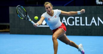 November 10, 2023: Katarzyna Kawa of Poland in action during tennis match between Poland and Spain The Billie Jean King Cup Finals 2023 at La Cartuja stadium on November 10, 2023, in Sevilla, Spain (Credit Image: © Joaquin Corchero/AFP7 via ZUMA Press Wire)