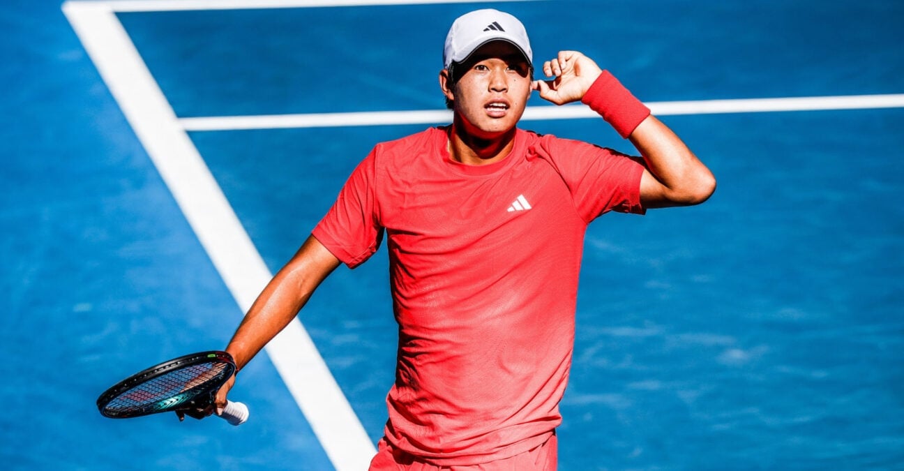 January 18, 2025: MELBOURNE, AUSTRALIA - JANUARY 18: Learner Tien of USA engages with the crowd after winning a point against Corentin Moutet of France on day seven of the 2025 Australian Open at Melbourne Park on January 18, 2025 in Melbourne, Australia.