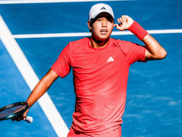 January 18, 2025: MELBOURNE, AUSTRALIA - JANUARY 18: Learner Tien of USA engages with the crowd after winning a point against Corentin Moutet of France on day seven of the 2025 Australian Open at Melbourne Park on January 18, 2025 in Melbourne, Australia.