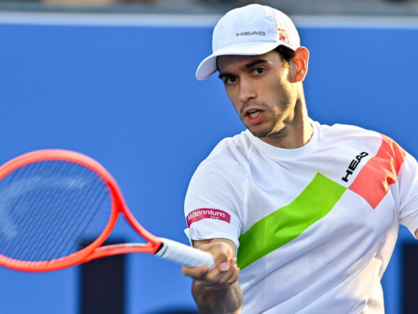 ATP, Tennis Herren QATAR EXXONMOBIL OPEN ROUND OF 16 Nuno Borges of Portugal competes in her round of 16 match against Andrey Rubble during the ATP Qatar ExxonMobil Open 2025 tennis tournament at the Khalifa International Tennis Complex in Doha, Qatar, on February 19, 2025. DOHA Qatar
