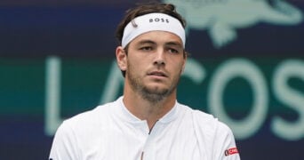 March 23, 2024, Miami Gardens, Florida, USA: Taylor Fritz (USA) returns a shot during the men's singles match at the 2024 Miami Open presented by Itau at Hard Rock Stadium.
