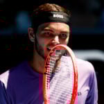 January 18, 2025: MELBOURNE, AUSTRALIA - JANUARY 18: Taylor Fritz of USA reacts to winning a point against Gael Monfils of France on day seven of the 2025 Australian Open at Melbourne Park on January 18, 2025 in Melbourne, Australia.