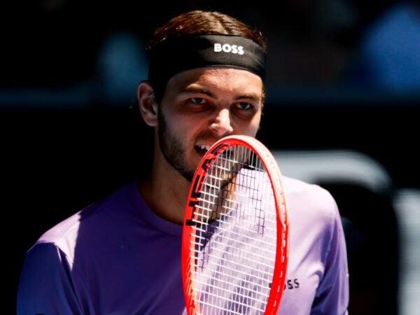 January 18, 2025: MELBOURNE, AUSTRALIA - JANUARY 18: Taylor Fritz of USA reacts to winning a point against Gael Monfils of France on day seven of the 2025 Australian Open at Melbourne Park on January 18, 2025 in Melbourne, Australia.