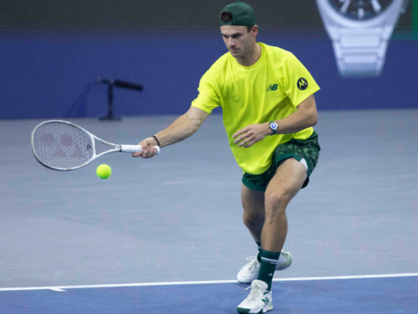 February 8, 2025, Frisco, Texas, USA: TOMMY PAUL (USA) returns with a forehand in a singles semifinal match against DENIS SHAPOVALOV (CAN) during day eight of the 2025 Dallas Open at the Star in Frisco, TX. DENIS SHAPOVALOV (CAN) defeated TOMMY PAUL (USA), 7:5, 6:3. (