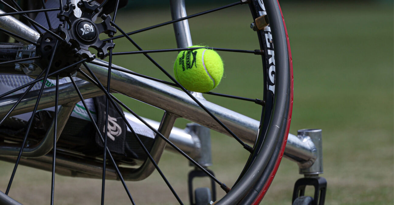 12th July 2023; All England Lawn Tennis and Croquet Club, London, England: Wimbledon Tennis Tournament; 2023 Wimbledon ball in the wheel of Kgothatso Montjane (RSA) , women's wheelchair singles match