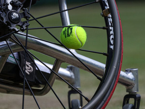 12th July 2023; All England Lawn Tennis and Croquet Club, London, England: Wimbledon Tennis Tournament; 2023 Wimbledon ball in the wheel of Kgothatso Montjane (RSA) , women's wheelchair singles match