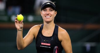 October 12, 2021, INDIAN WELS, UNITED STATES: Angelique Kerber of Germany in action during the fourth round at the 2021 BNP Paribas Open WTA 1000 tennis tournament aganst Ajla Tomljanovic of Australia