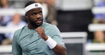 February 3, 2025, Frisco, Texas, USA: FRANCIS TIAFOE (USA) celebrates in a singles match during day three of the 2025 Dallas Open at the Star in Frisco, TX. Tiafoe defeated Daniel, 6:1, 3:6, 6:4.