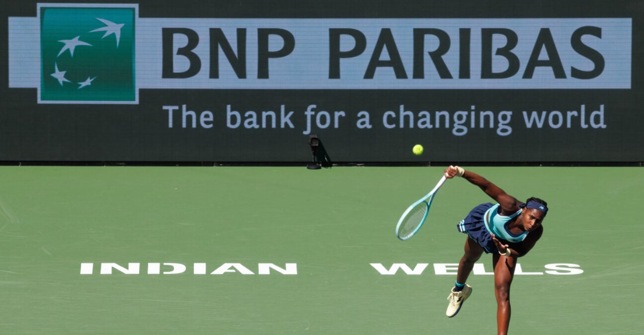 March 10, 2025: Coco Gauff (USA) in action against Maria Sakkari (GRE) during their round 3 match at the BNP Paribas Open on March 10, 2025, held at the Indian Wells Tennis Garden in Indian Wells, California.