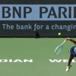 March 10, 2025: Coco Gauff (USA) in action against Maria Sakkari (GRE) during their round 3 match at the BNP Paribas Open on March 10, 2025, held at the Indian Wells Tennis Garden in Indian Wells, California.