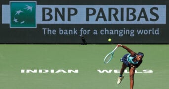 March 10, 2025: Coco Gauff (USA) in action against Maria Sakkari (GRE) during their round 3 match at the BNP Paribas Open on March 10, 2025, held at the Indian Wells Tennis Garden in Indian Wells, California.