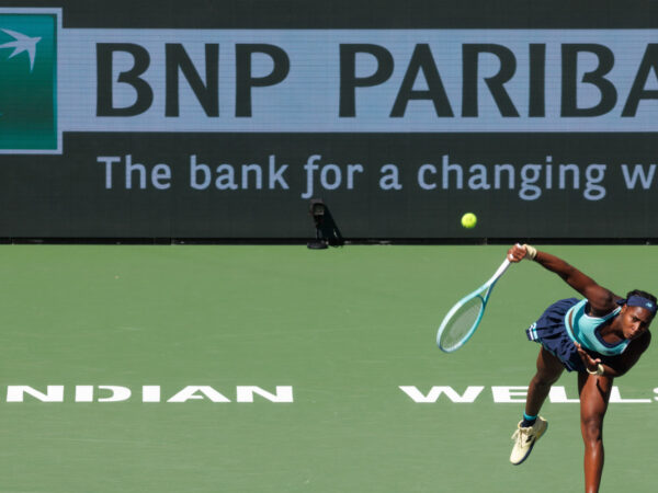 March 10, 2025: Coco Gauff (USA) in action against Maria Sakkari (GRE) during their round 3 match at the BNP Paribas Open on March 10, 2025, held at the Indian Wells Tennis Garden in Indian Wells, California.