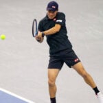 February 5, 2025, Frisco, Texas, USA: KEI NISHIKORI (JAP) returns with a forehand in a singles match against TOMAS MACHAC (CZE) during day five of the 2025 Dallas Open at the Star in Frisco, TX. TOMAS MACHAC (CZE) defeated KEI NISHIKORI (JPN), 6-2, 6-2.