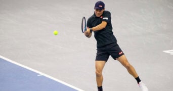 February 5, 2025, Frisco, Texas, USA: KEI NISHIKORI (JAP) returns with a forehand in a singles match against TOMAS MACHAC (CZE) during day five of the 2025 Dallas Open at the Star in Frisco, TX. TOMAS MACHAC (CZE) defeated KEI NISHIKORI (JPN), 6-2, 6-2.