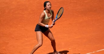 April 26, 2025, Madrid, Madrid, Spain: Ann Li of USA in action against Coco Gauff of USA during the Mutua Madrid Open 2025, ATP Masters 1000 and WTA 1000 tennis tournament, celebrated at Caja Magica on April 26, 2025 in Madrid, Spain.
