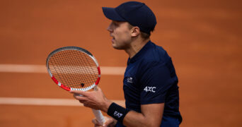 Hamad Medjedovic of Serbia plays his match against Gabriel Diallo of Canada during their match of day two of the Barcelona Open Banc Sabadell at Real Club De Tenis Barcelona, Spain (Judit Cartiel/SPP)