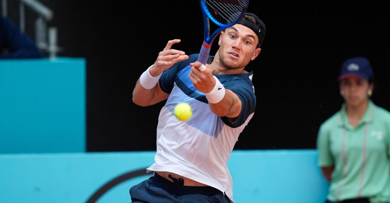 April 29, 2025, Madrid, Madrid, spain: Jack Draper of Great Britain plays against Matteo Berrittini of Italy during the Mutua Madrid Open 2025, ATP Masters 1000 and WTA 1000, tennis tournament celebrated at Caja Magica on April 29, 2025 in Madrid, Spain.