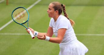 24th June 2025; Devonshire Park, Eastbourne, East Sussex, England; Lexus International Eastbourne, Day 2; Jelena Ostapenko (LAT) shows emotion in the match against Sonay Kartal (GBR)