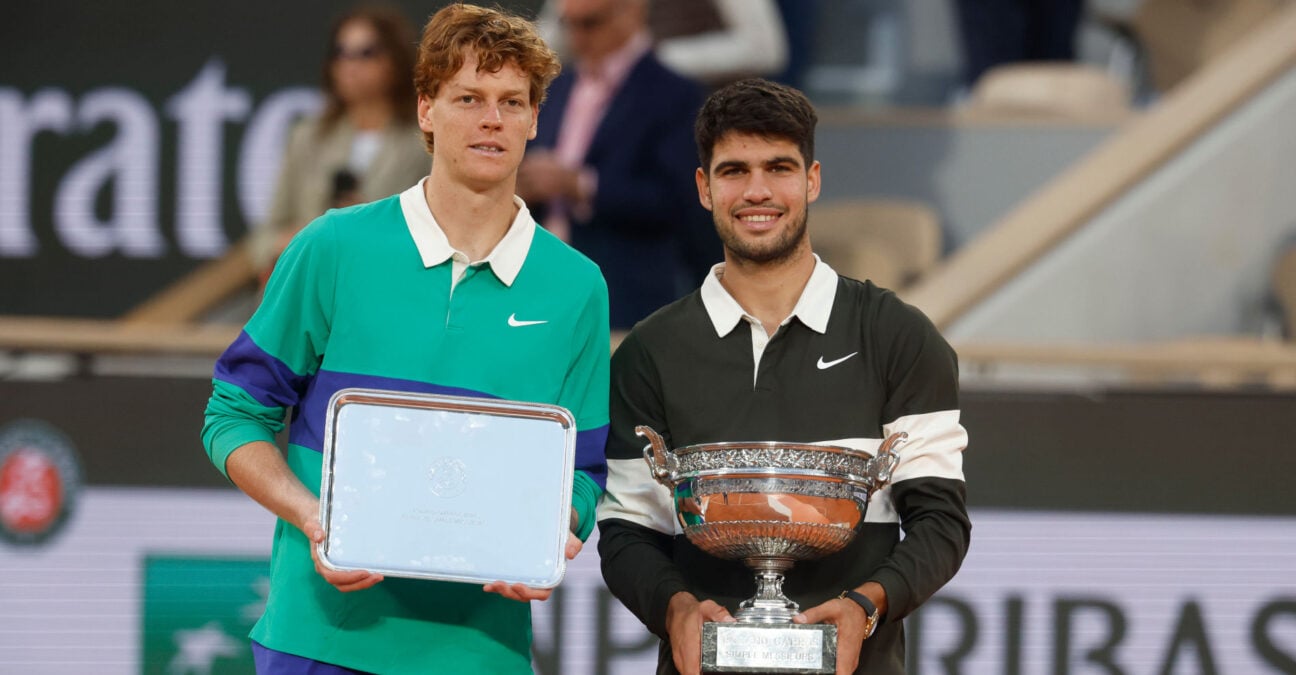 June 8, 2025, Paris, Paris, France: Jannik Sinner (ITA) and Carlos Alcaraz (ESP) during the trophy ceremony of the tennis Grand Slam of Roland Garros 2025 men’s final match between Jannik Sinner (ITA) and Carlos Alcaraz (ESP) at Philippe Chatrier central court in Roland Garros Stadium - on June 08 2025.Paris - France
