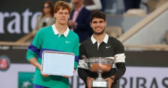 June 8, 2025, Paris, Paris, France: Jannik Sinner (ITA) and Carlos Alcaraz (ESP) during the trophy ceremony of the tennis Grand Slam of Roland Garros 2025 men’s final match between Jannik Sinner (ITA) and Carlos Alcaraz (ESP) at Philippe Chatrier central court in Roland Garros Stadium - on June 08 2025.Paris - France