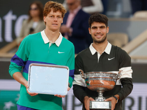 June 8, 2025, Paris, Paris, France: Jannik Sinner (ITA) and Carlos Alcaraz (ESP) during the trophy ceremony of the tennis Grand Slam of Roland Garros 2025 menâ€™s final match between Jannik Sinner (ITA) and Carlos Alcaraz (ESP) at Philippe Chatrier central court in Roland Garros Stadium - on June 08 2025.Paris - France