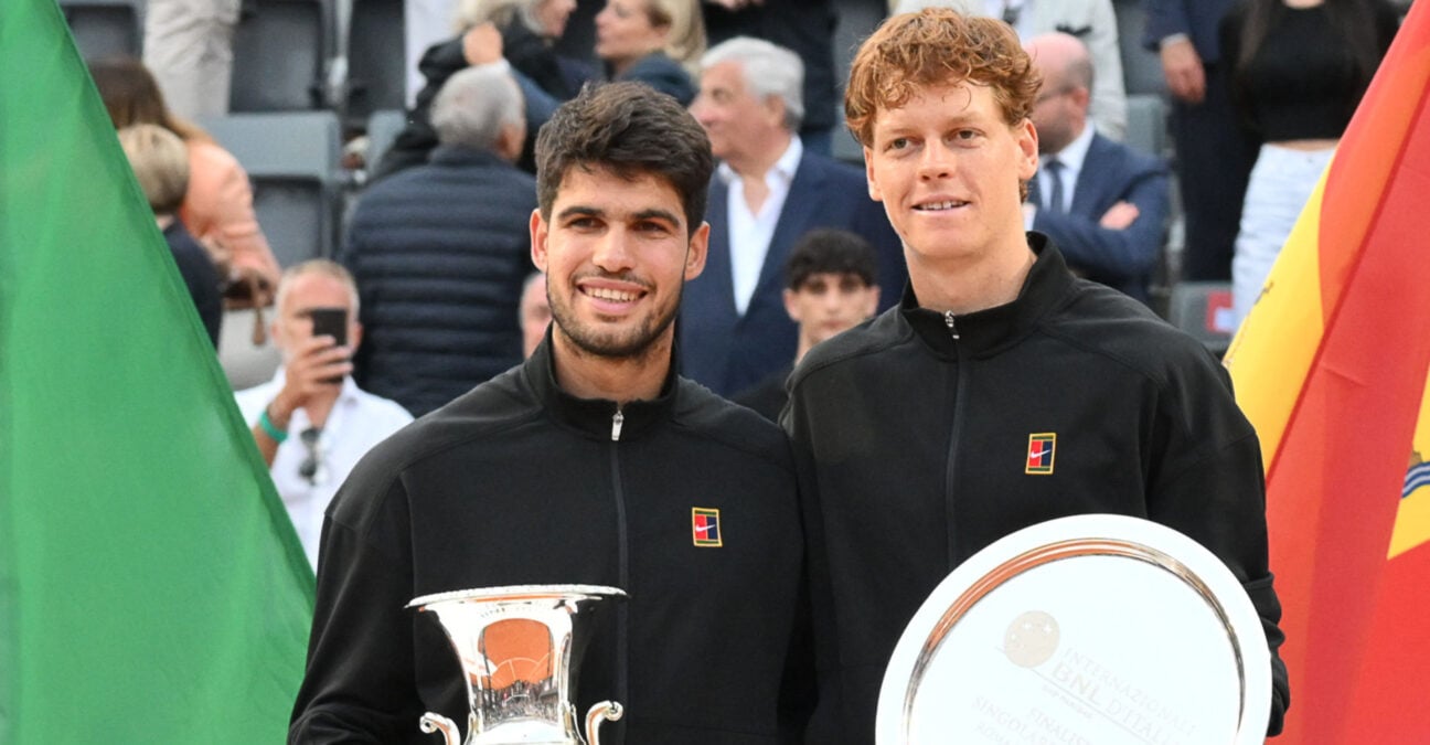 18th May 2025; Foro Italico, Rome, Italy: ATP 1000 Tennis Masters Rome, Day 12; Carlos Alcaraz (ESP) and Jannik Sinner (ITA) during the awards ceremony for mens singles final
