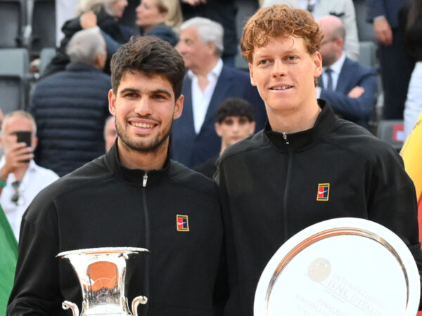 18th May 2025; Foro Italico, Rome, Italy: ATP 1000 Tennis Masters Rome, Day 12; Carlos Alcaraz (ESP) and Jannik Sinner (ITA) during the awards ceremony for mens singles final