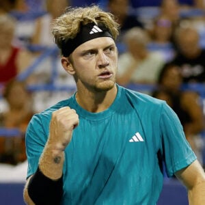 July 25, 2025: Alejandro Davidovich Fokina in his match against Taylor Fritz during the 2025 Mubadala Citi DC Open tennis tournament being played at Rock Creek Park Tennis Center in Washington, D.C.
