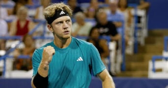 July 25, 2025: Alejandro Davidovich Fokina in his match against Taylor Fritz during the 2025 Mubadala Citi DC Open tennis tournament being played at Rock Creek Park Tennis Center in Washington, D.C.