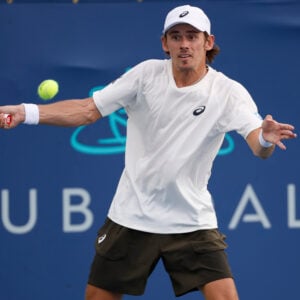 July 25, 2025: Alex De Minaur hits a shot in his match against Brandon Nakashima during the 2025 Mubadala Citi DC Open tennis tournament being played at Rock Creek Park Tennis Center in Washington, D.C.