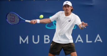 July 25, 2025: Alex De Minaur hits a shot in his match against Brandon Nakashima during the 2025 Mubadala Citi DC Open tennis tournament being played at Rock Creek Park Tennis Center in Washington, D.C.
