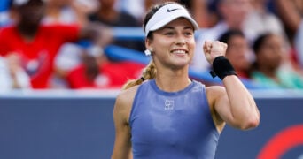July 26, 2025: Anna Kalinskaya celebrates her semi final victory over Emma Raducanu during the 2025 Mubadala Citi DC Open tennis tournament being played at Rock Creek Park Tennis Center in Washington, D.C.