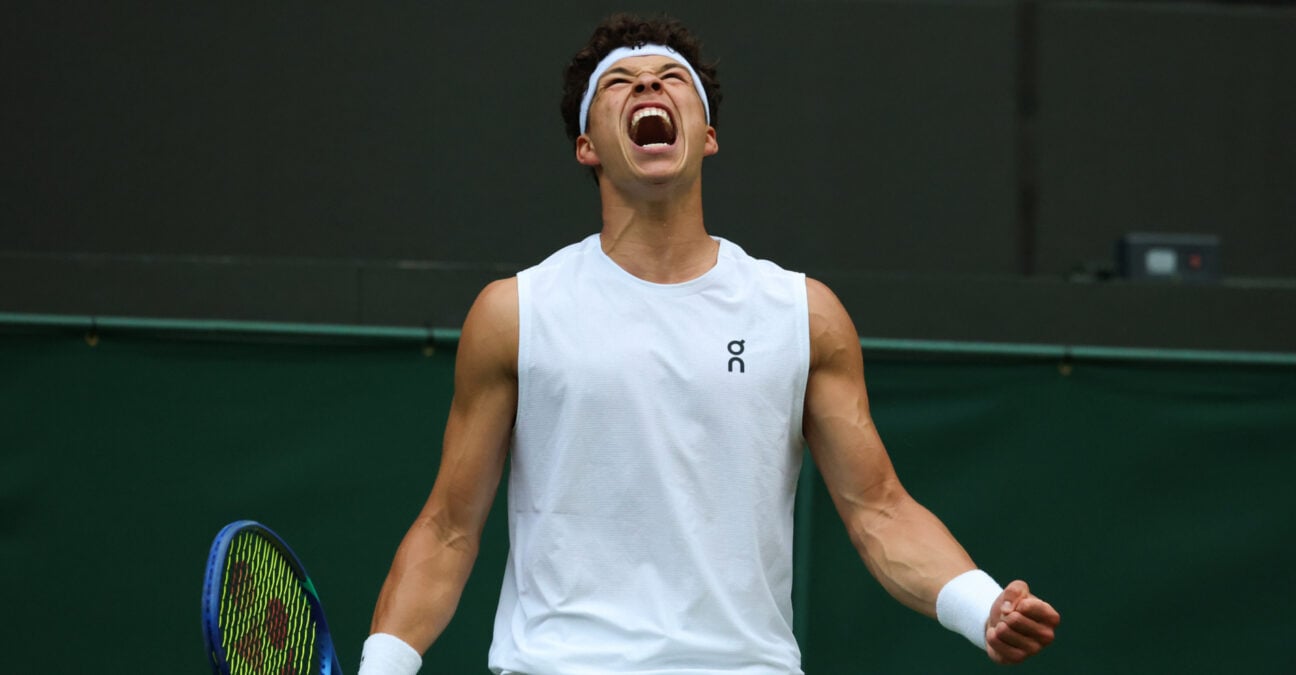 5th July 2025; All England Lawn Tennis and Croquet Club, London, England; Wimbledon Tennis Tournament, Day 6; Ben Shelton (USA) screams in celebration on court Number One after defeating Marton Fucsovics (HUN) 6-3 7-6 6-2 to go through into the fourth round