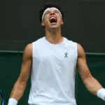 5th July 2025; All England Lawn Tennis and Croquet Club, London, England; Wimbledon Tennis Tournament, Day 6; Ben Shelton (USA) screams in celebration on court Number One after defeating Marton Fucsovics (HUN) 6-3 7-6 6-2 to go through into the fourth round
