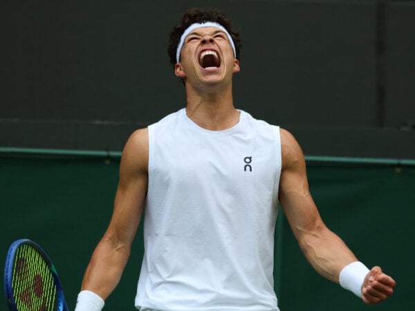 5th July 2025; All England Lawn Tennis and Croquet Club, London, England; Wimbledon Tennis Tournament, Day 6; Ben Shelton (USA) screams in celebration on court Number One after defeating Marton Fucsovics (HUN) 6-3 7-6 6-2 to go through into the fourth round