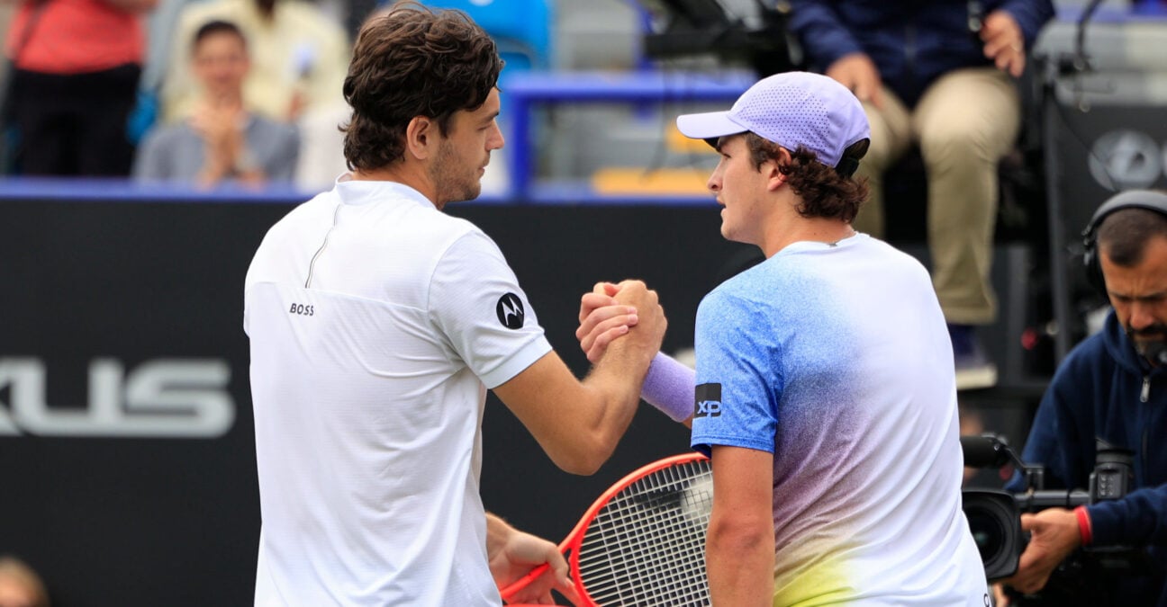 26th June 2025; Devonshire Park, Eastbourne, East Sussex, England; Lexus International Eastbourne, Day 4; Taylor Fritz (USA) shakes hands with Joao Fonseca (BRA) after their match