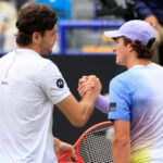 26th June 2025; Devonshire Park, Eastbourne, East Sussex, England; Lexus International Eastbourne, Day 4; Taylor Fritz (USA) shakes hands with Joao Fonseca (BRA) after their match