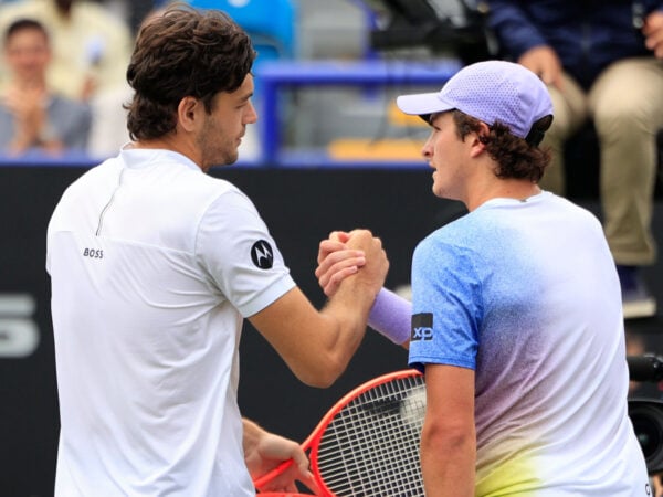 26th June 2025; Devonshire Park, Eastbourne, East Sussex, England; Lexus International Eastbourne, Day 4; Taylor Fritz (USA) shakes hands with Joao Fonseca (BRA) after their match