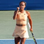 July 24, 2025: Leylah Fernandez celebrates a point in her match against Jessica Pegula during the 2025 Mubadala Citi DC Open tennis tournament being played at Rock Creek Park Tennis Center in Washington, D.C.