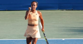 July 24, 2025: Leylah Fernandez celebrates a point in her match against Jessica Pegula during the 2025 Mubadala Citi DC Open tennis tournament being played at Rock Creek Park Tennis Center in Washington, D.C.