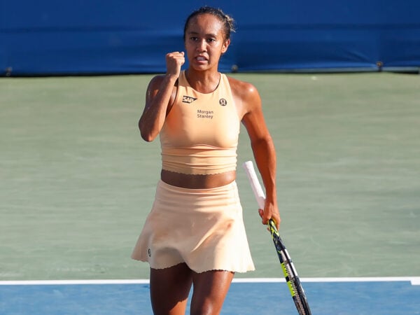 July 24, 2025: Leylah Fernandez celebrates a point in her match against Jessica Pegula during the 2025 Mubadala Citi DC Open tennis tournament being played at Rock Creek Park Tennis Center in Washington, D.C.