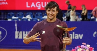 Umag, Croatia, 260725. 35th Plava Laguna Croatia Open Umag. Final. Trophy ceremony. In the photo: winner Luciano Darderi. 34-260725