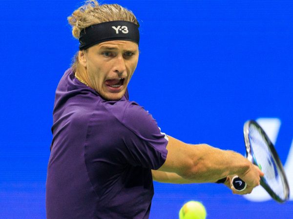 August 26, 2025, Flushing Meadows, New York, USA: Alexander Zverev hits a double backhand return during a match against Alejandro Tabilo on Day 3 of the 2025 US Open at USTA Billie Jean King National Tennis Center on Tuesday August 26, 2025 in the Flushing neighborhood of the Queens borough of New York City.