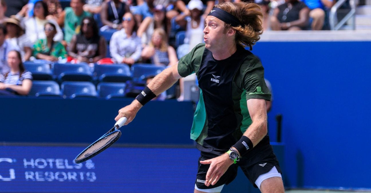 August 19, 2025, Flushing Meadows, New York, USA: Karolina Muchova and Andrey Rublev (in photo) during a mix doubles match against Venus Williams and Reilly Opelka at the 2025 US Open at USTA Billie Jean King National Tennis Center on Tuesday August 19, 2025 in the Flushing neighborhood of the Queens borough of New York City.