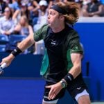 August 19, 2025, Flushing Meadows, New York, USA: Karolina Muchova and Andrey Rublev (in photo) during a mix doubles match against Venus Williams and Reilly Opelka at the 2025 US Open at USTA Billie Jean King National Tennis Center on Tuesday August 19, 2025 in the Flushing neighborhood of the Queens borough of New York City.
