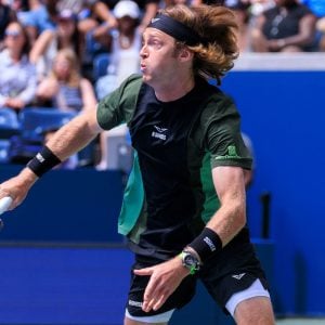August 19, 2025, Flushing Meadows, New York, USA: Karolina Muchova and Andrey Rublev (in photo) during a mix doubles match against Venus Williams and Reilly Opelka at the 2025 US Open at USTA Billie Jean King National Tennis Center on Tuesday August 19, 2025 in the Flushing neighborhood of the Queens borough of New York City.