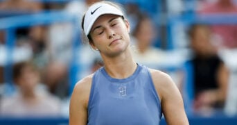 July 26, 2025: Anna Kalinskaya in her semifinal match against Emma Raducanu during the 2025 Mubadala Citi DC Open tennis tournament being played at Rock Creek Park Tennis Center in Washington, D.C.