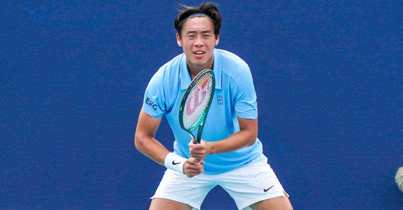 March 24, 2025, Miami, Florida, USA: Coleman Wong (HKG) waits for the serve from Adam Walton (not pictured) during the men's singles third round match at the 2025 Miami Open presented by Itau at Hard Rock Stadium.