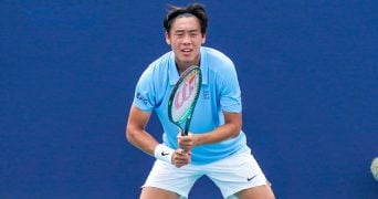 March 24, 2025, Miami, Florida, USA: Coleman Wong (HKG) waits for the serve from Adam Walton (not pictured) during the men's singles third round match at the 2025 Miami Open presented by Itau at Hard Rock Stadium.